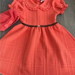 Janie and Jack Coral Dress with Brown Belt and matching beret.